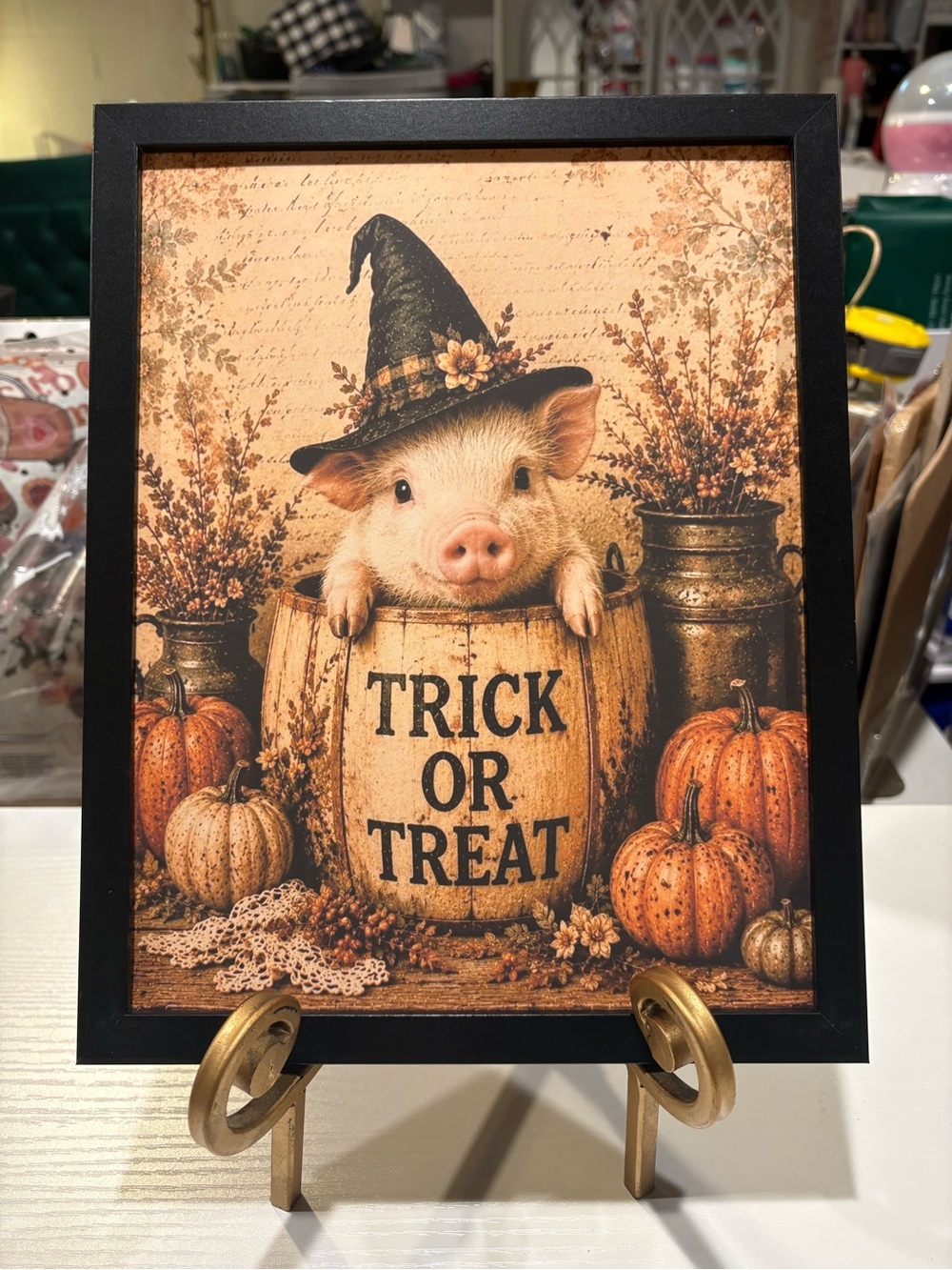 Whimsical Framed Halloween Pig Trick or Treat Wall 8x10 Art - Pumpkin Decor